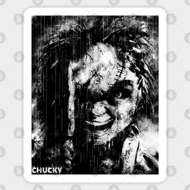 Chucky in the rain Sticker by DougSQ